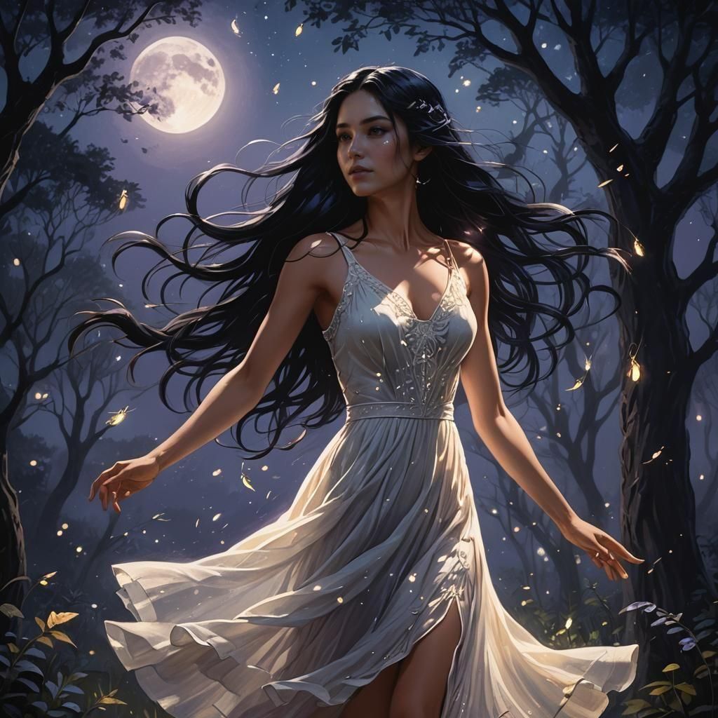 Girl Dancing in Moonlight: Detailed Fantasy Concept Art
