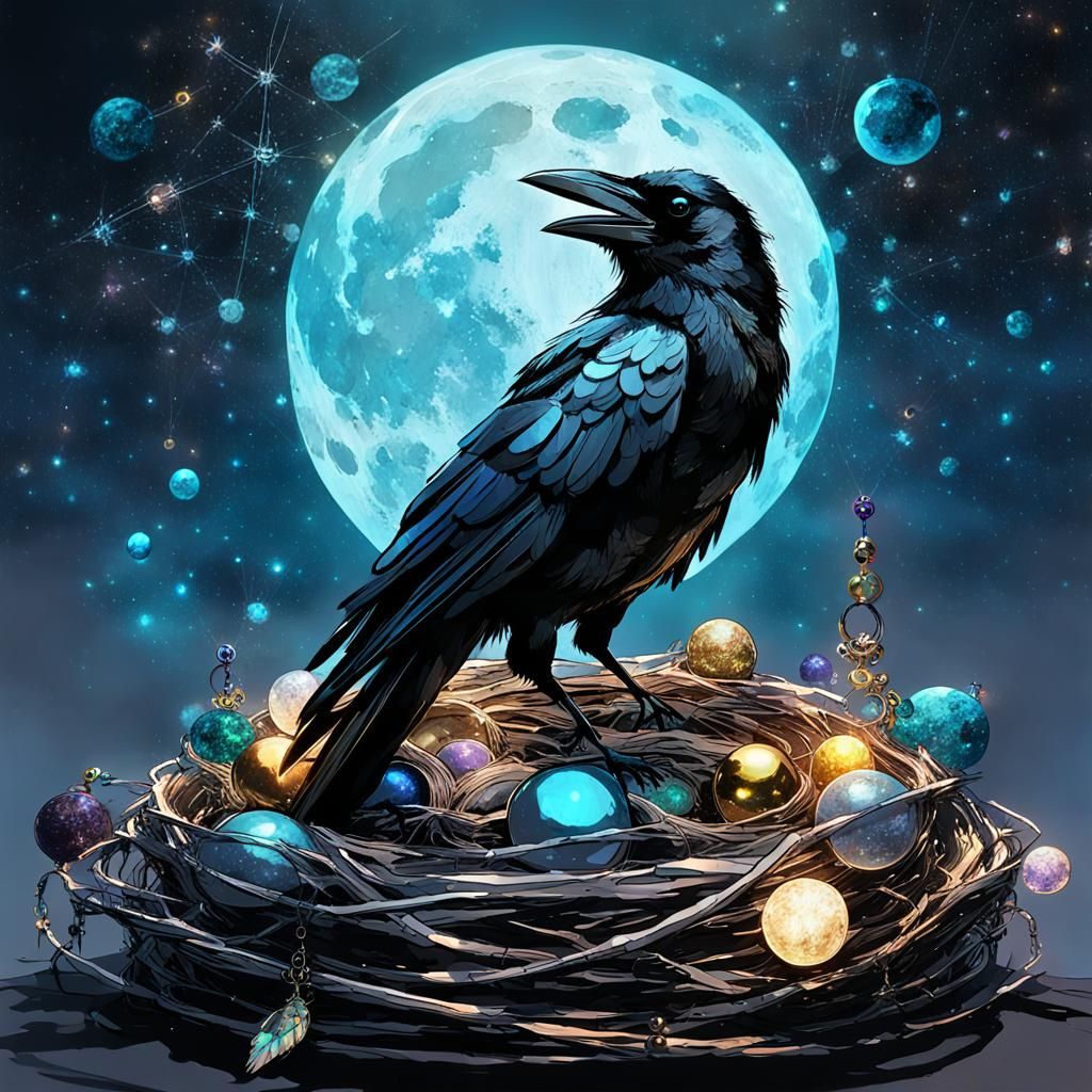 Crow Guarding Treasure Nest Under Bioluminescent Sky