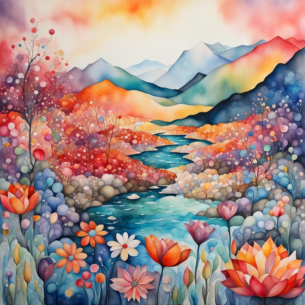 Gemstone Flowers in Watercolor Landscape