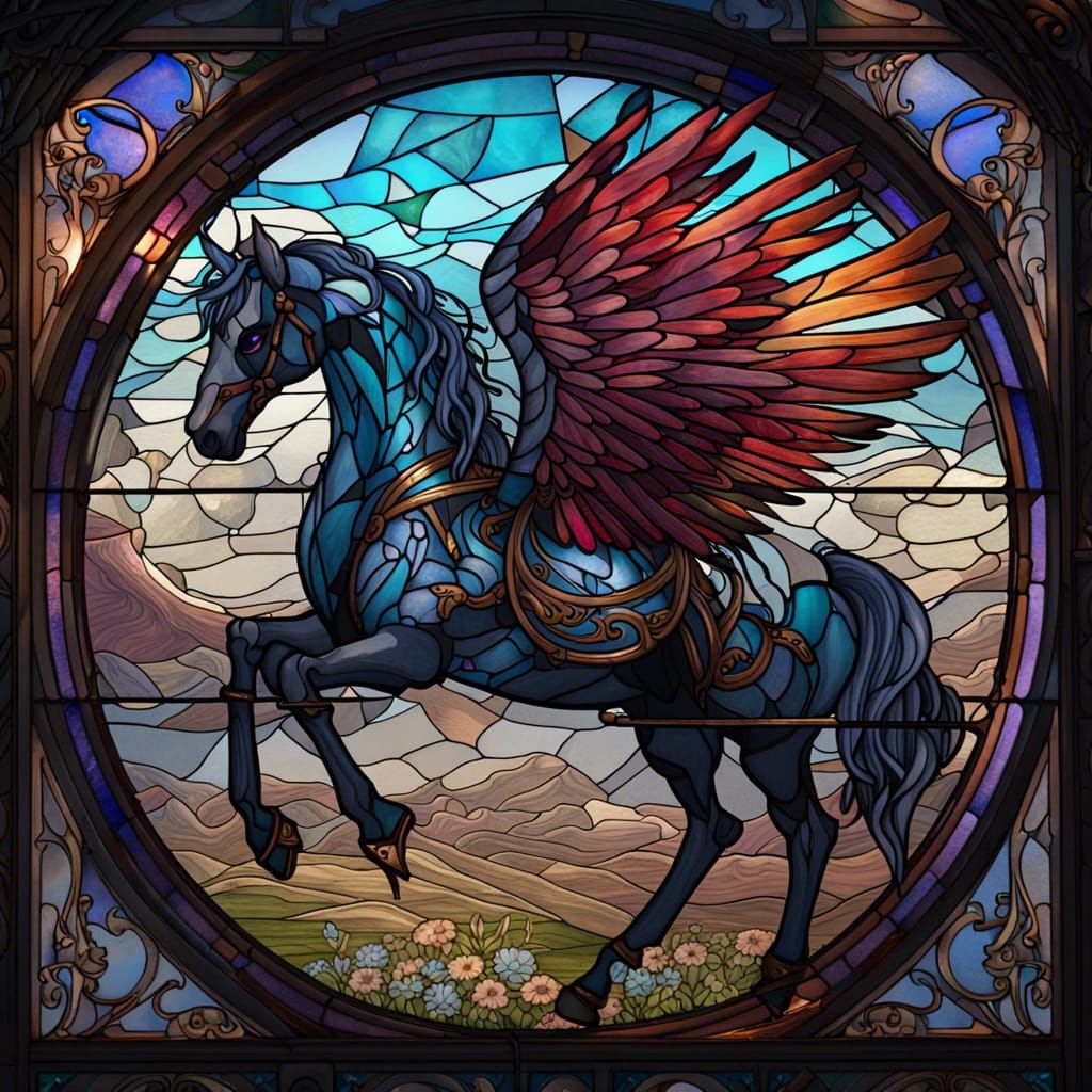 Stained Glass Winged Horse Fantasy Art