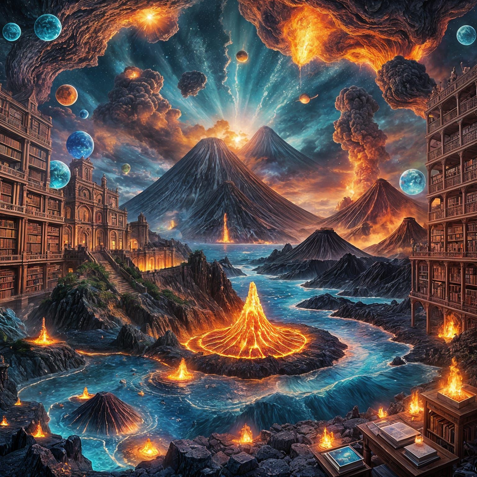 Submerged Volcanic Library: Cosmic Mixed Media Illustration