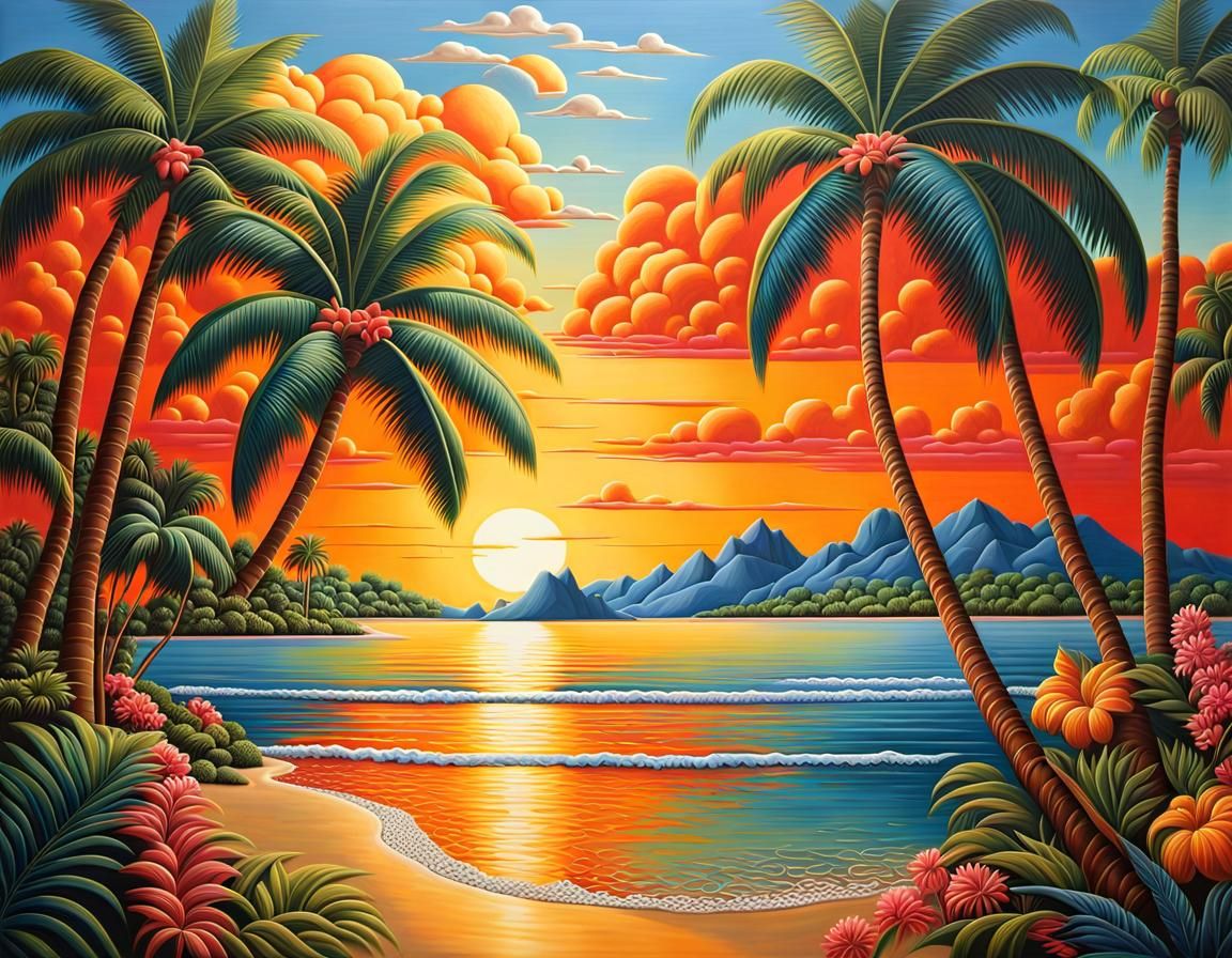 Colorful Island Oasis Painting with Tropical Details