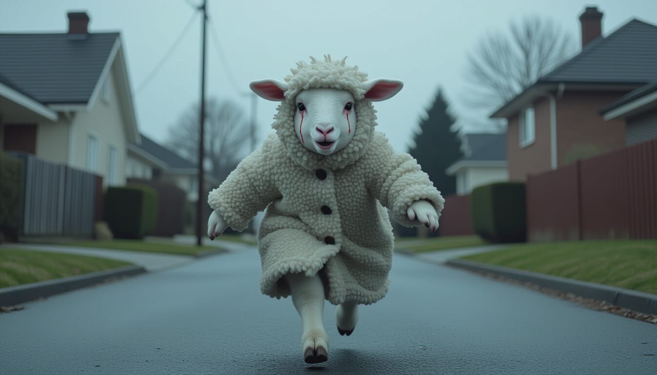 Distressed Lamb Running in Eerie Suburban Landscape