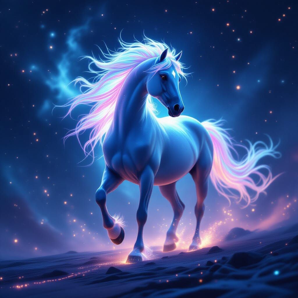 Bioluminescent Horse in Cosmic Nebula, Sci-Fi Concept Art