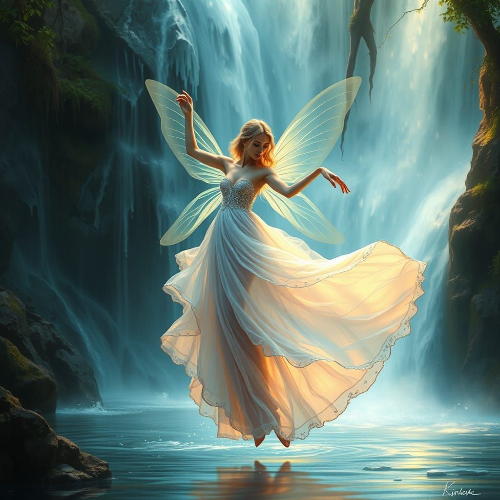 Enchanted Fairy Goddess in Iridescent Gown Dances by Waterfa...