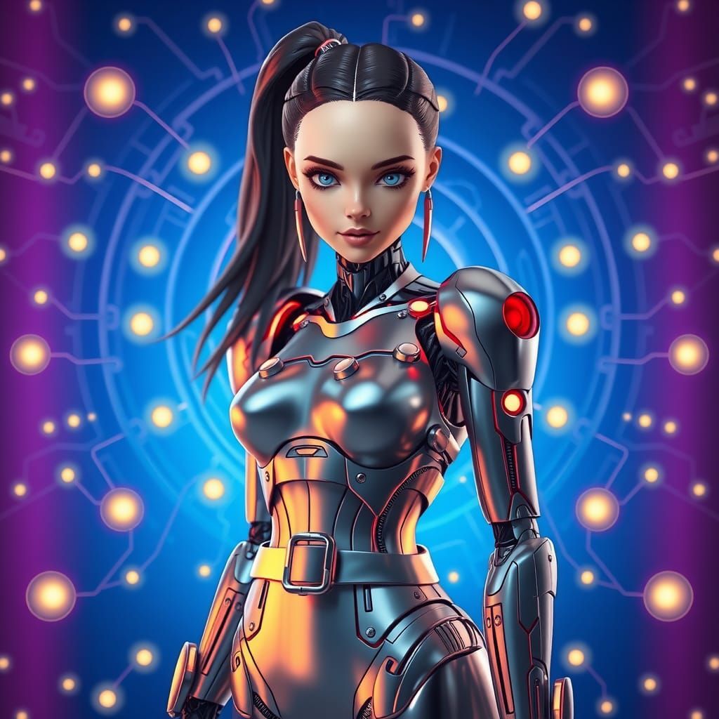 Robot Girl with Human Face in Cyberpunk Style