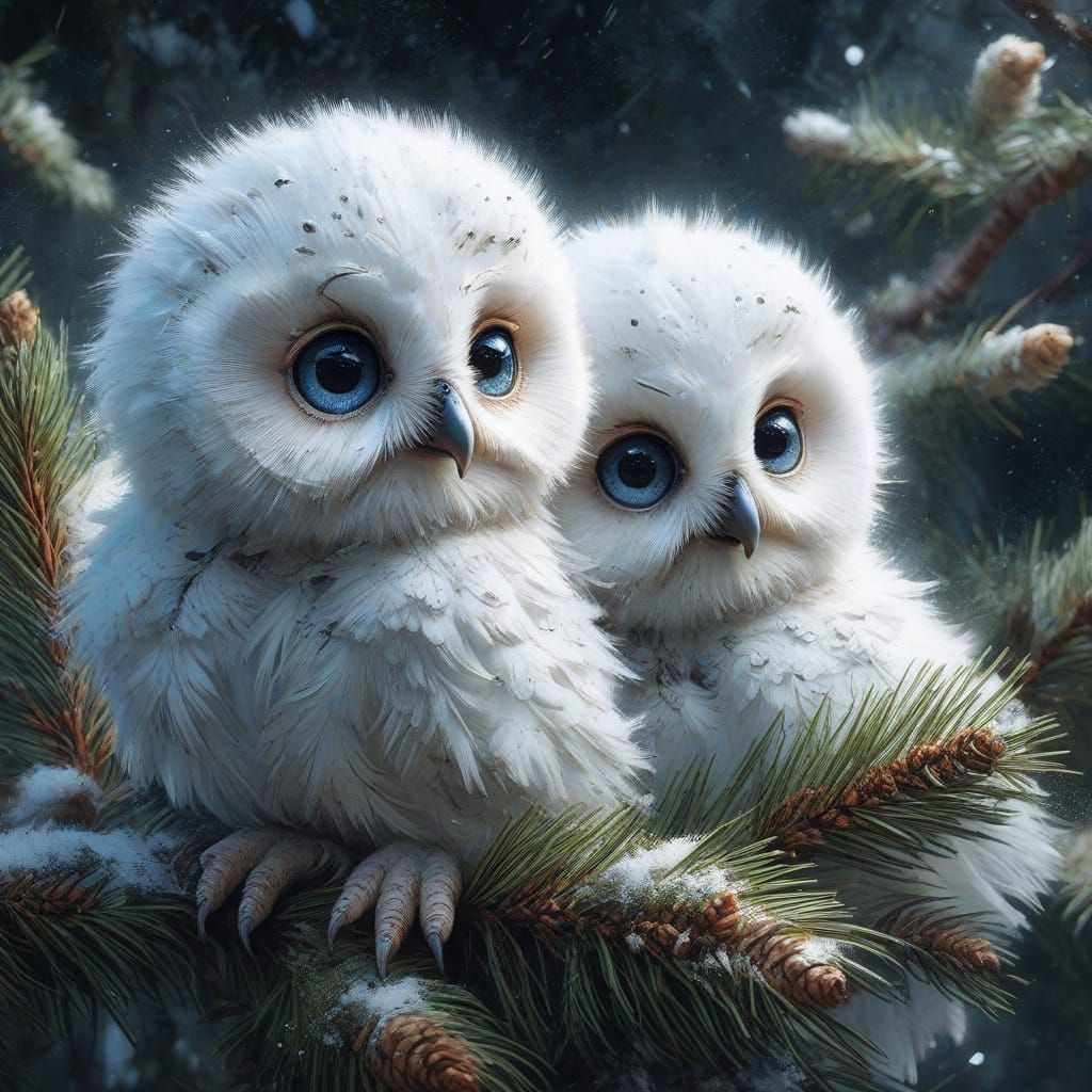 Two Fluffy White Owls on Pine Tree
