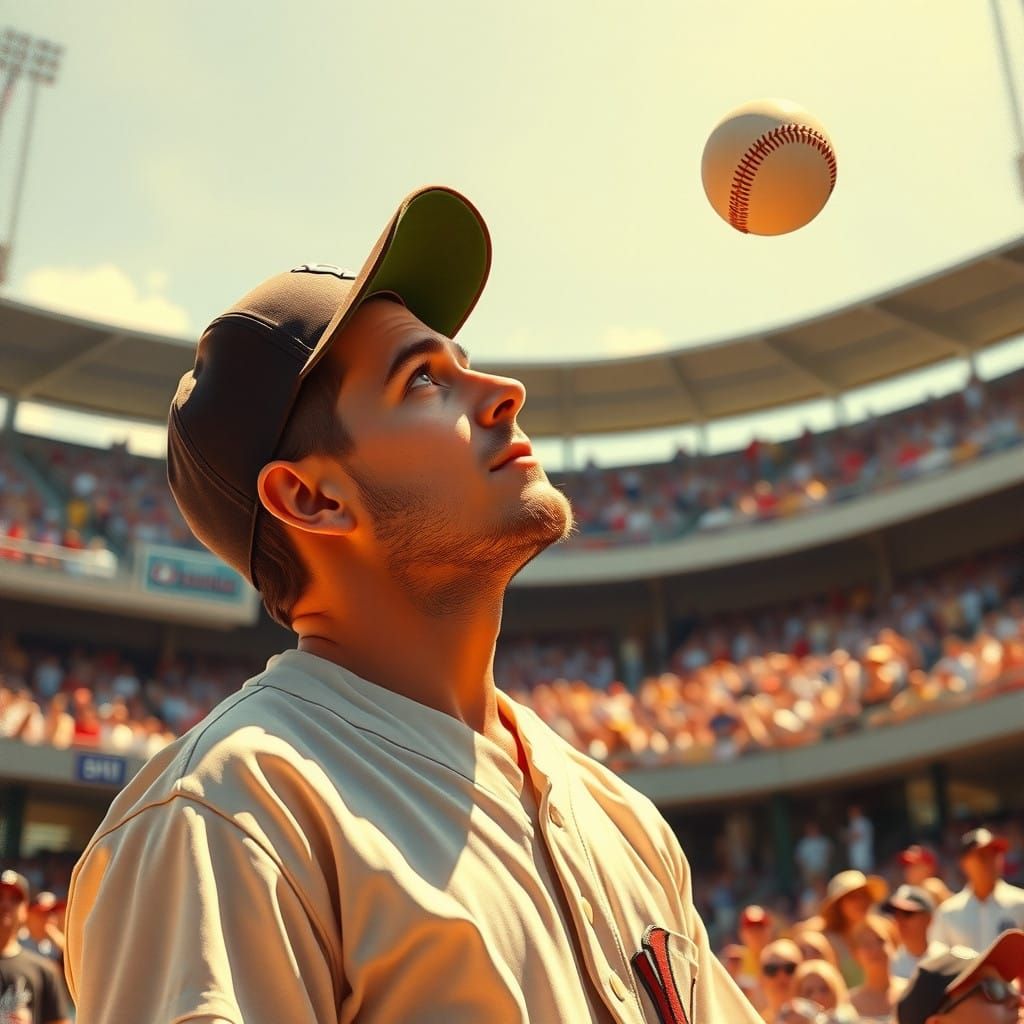Man Stands in Stadium, Eyes Fixed on Fly Ball