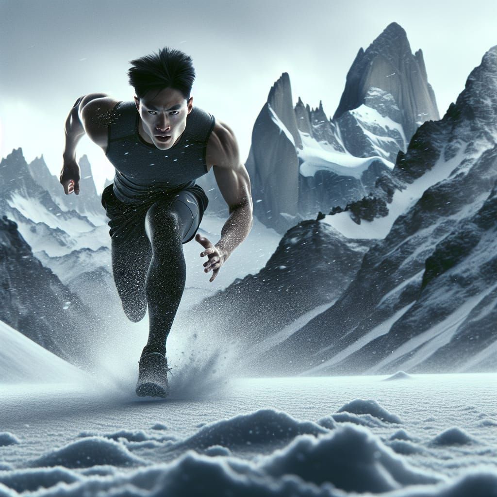 Asian Man Sprinting Towards Snowy Mountains