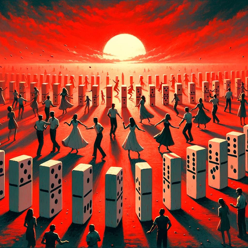 People Dancing Like Falling Dominoes Under Red Sky