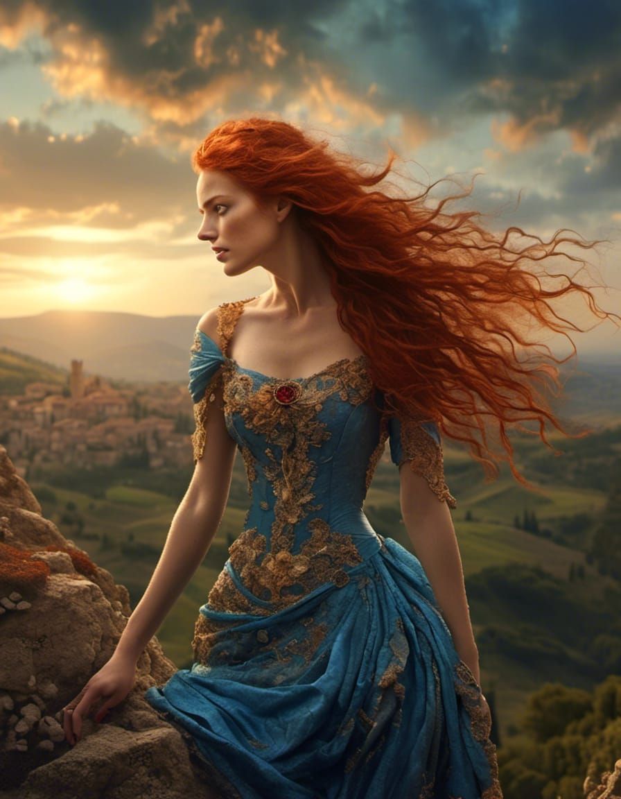 Hyperreal Portrait of a Beautiful Redhead in Tuscany