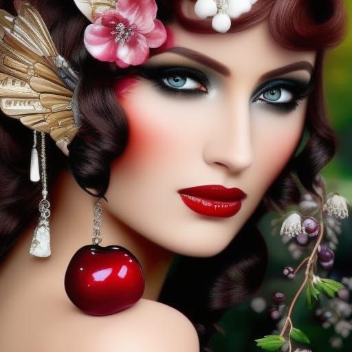 Brunette Woman in Cherry Bubble Fantasy Art