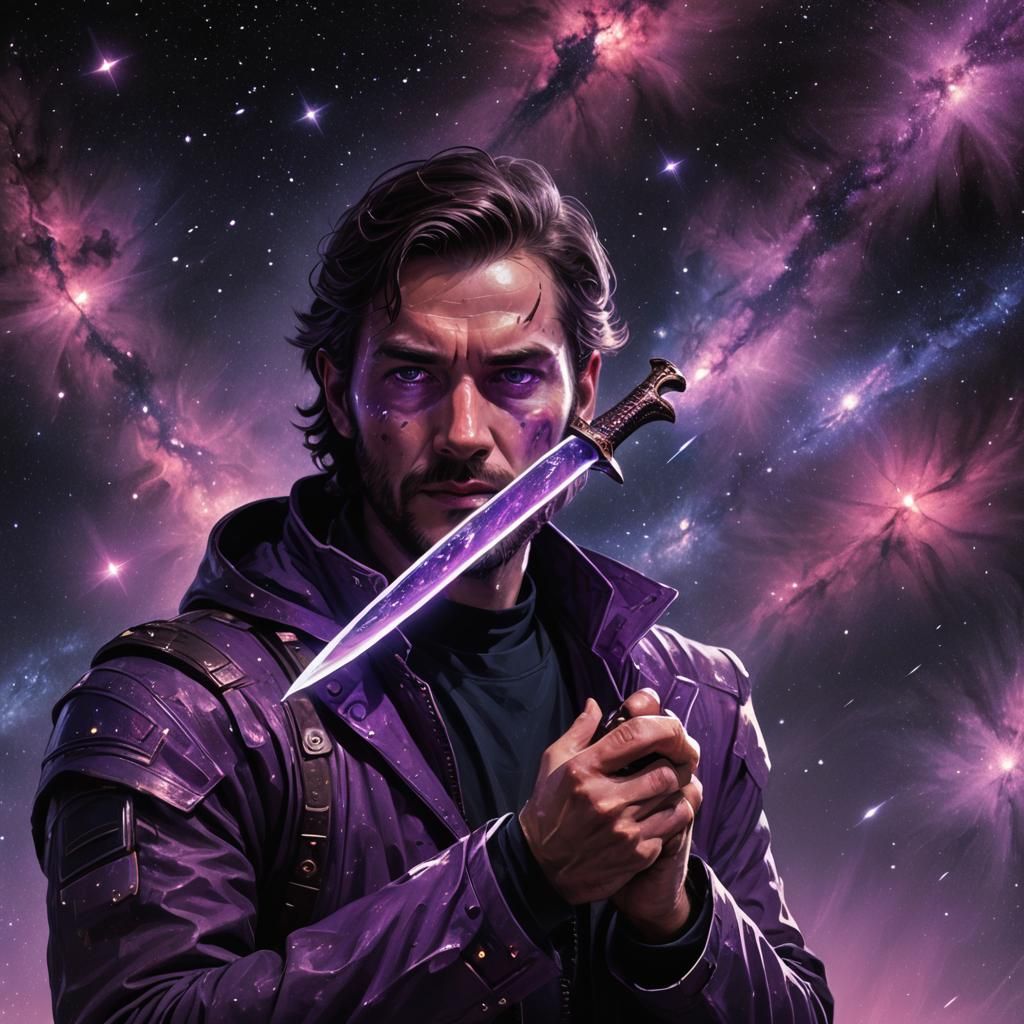 Man with Galaxy Face Holding Glowing Knife