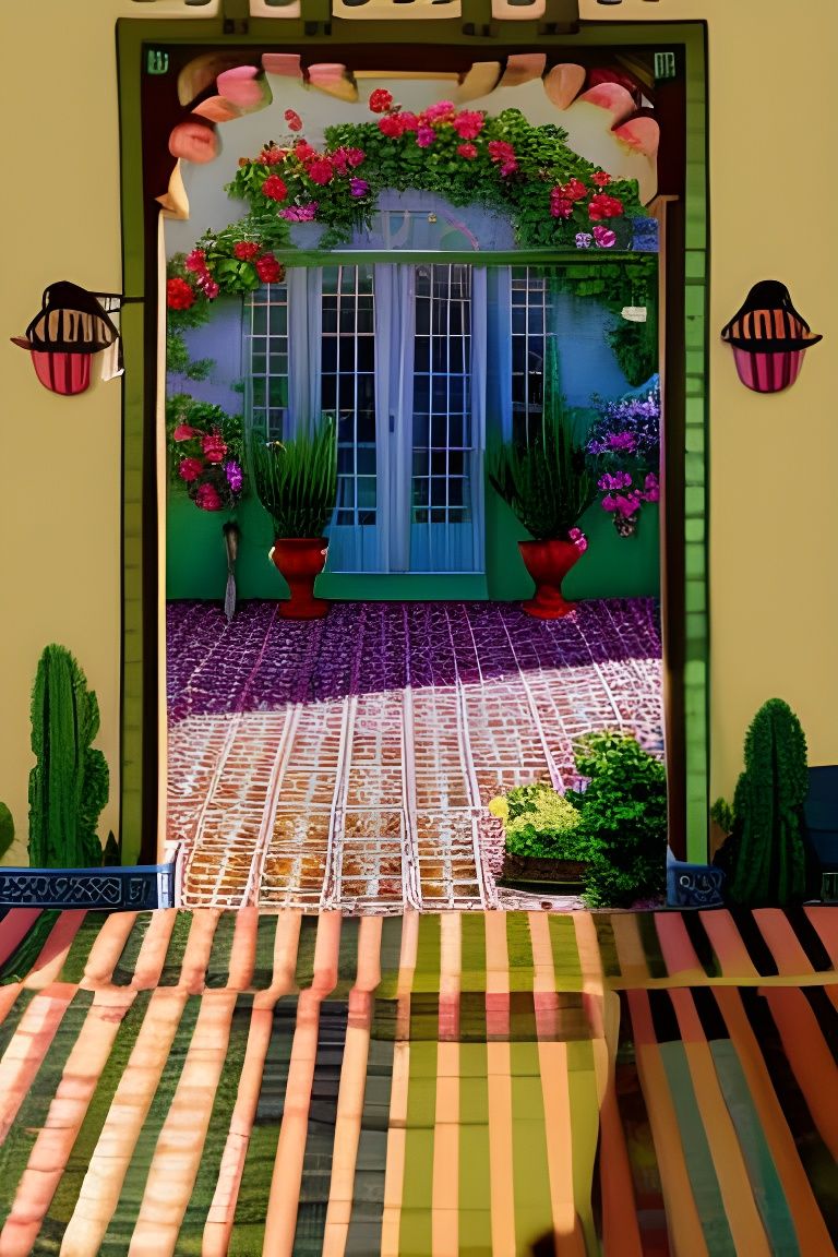 Mexican Pre-War Style Garden Veranda in Digital Illustration