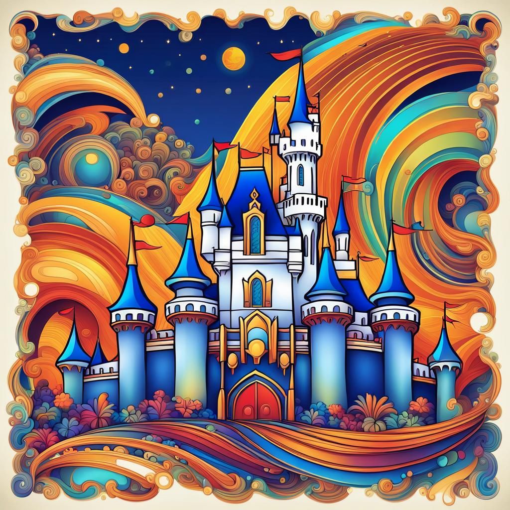 Bright, magical, saturated colors, art deco Disneyland castle in the morning