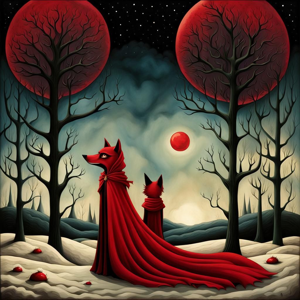 Little Red Riding Hood in Surreal Desolate Land