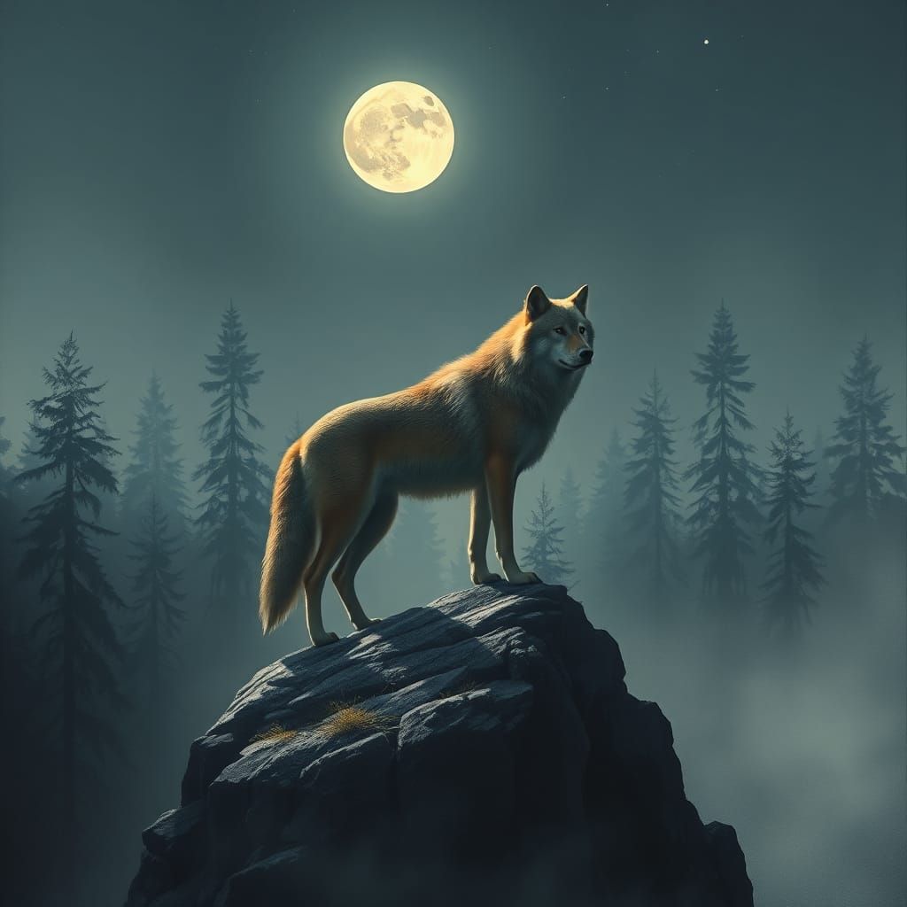 Wolf Under Moonlight in Dreamy Symbolist Landscape