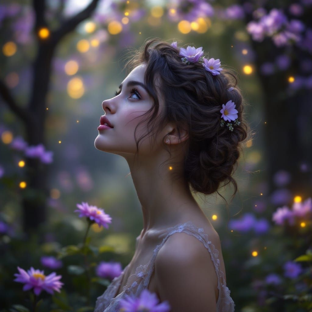 A Young Girl Surrounded by Whimsy in the Enchanted Forest