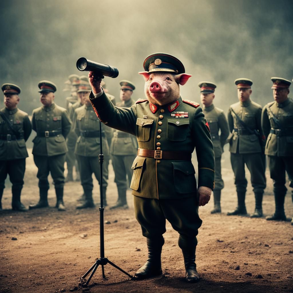 Dictator Pig Giving Speech: Cinematic Film Still