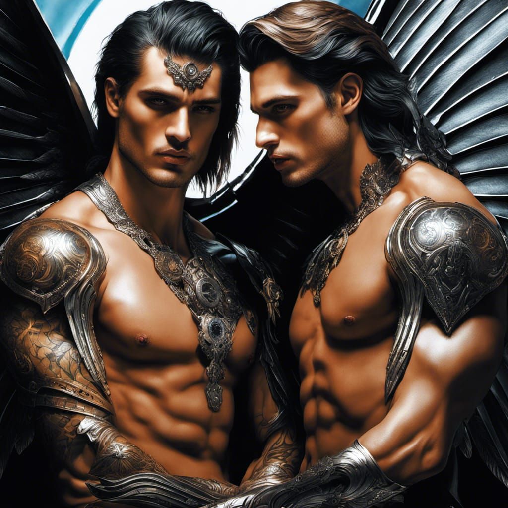 Gothic Angels in Love: Acrylic Painting with Sci-Fi Elements