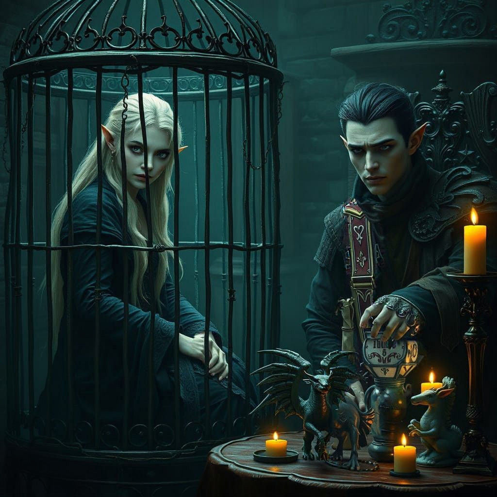 Fantastical Scene of Captive Elf and Mysterious Figure