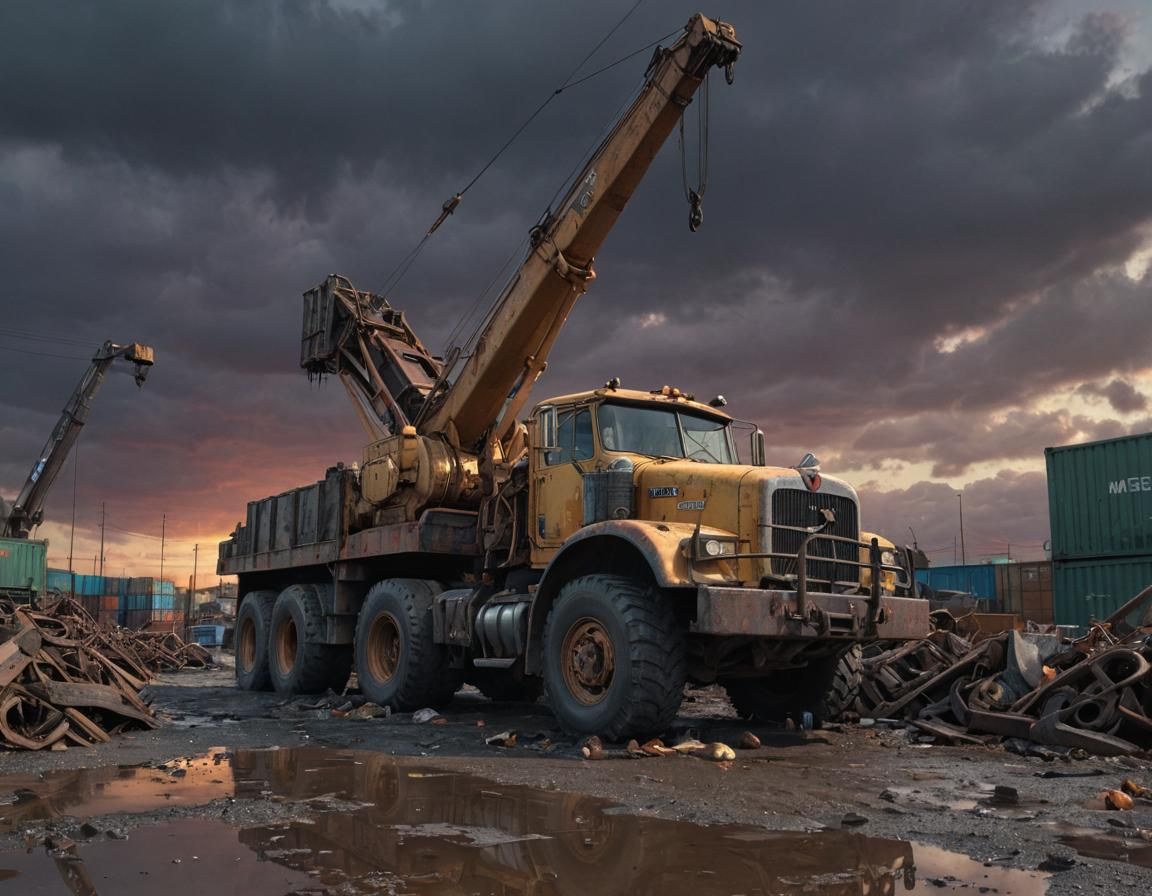 Dieselpunk Wrecking Truck at Industrial Port in 1940s Style