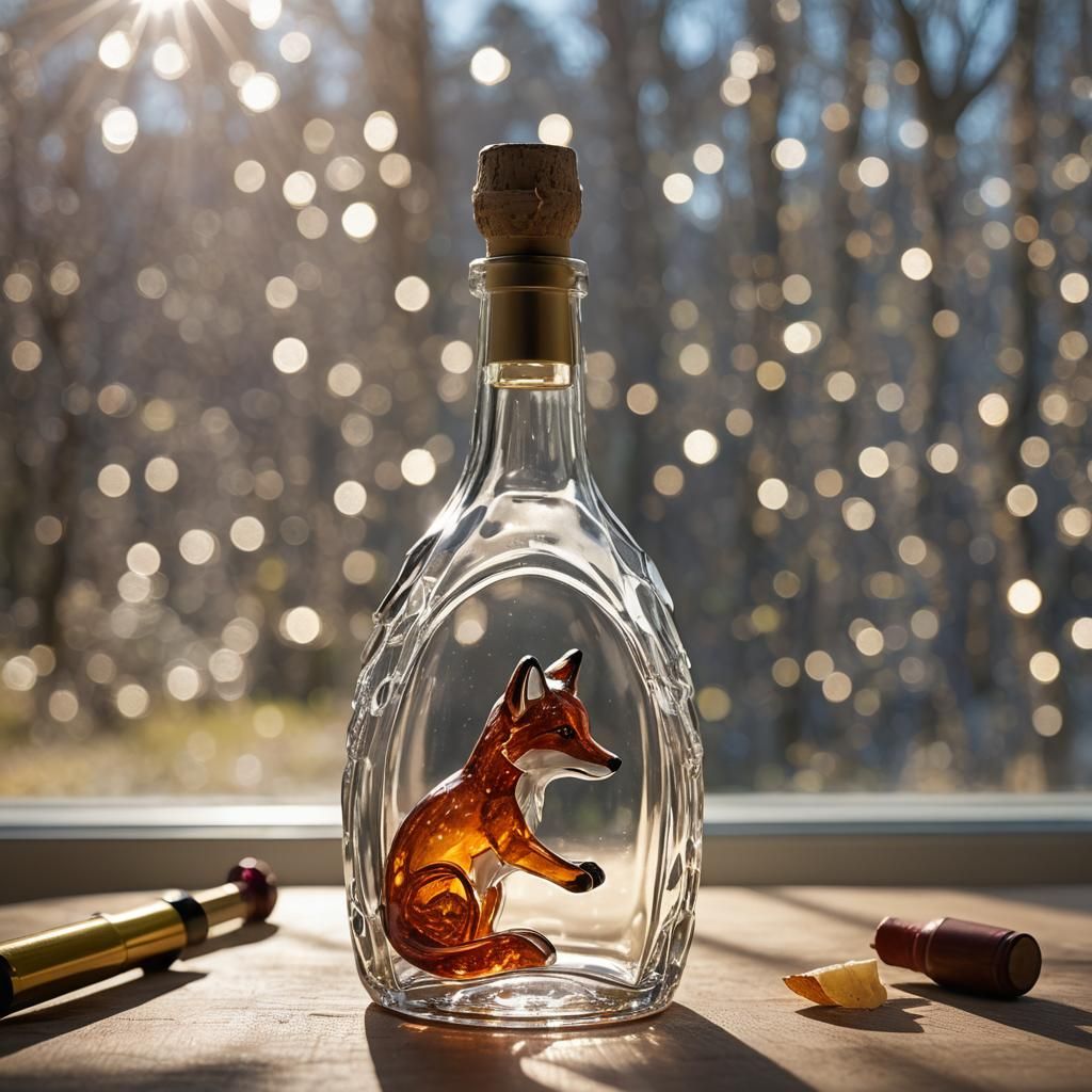 Crystal Fox Bottle with Wine in Sunlight