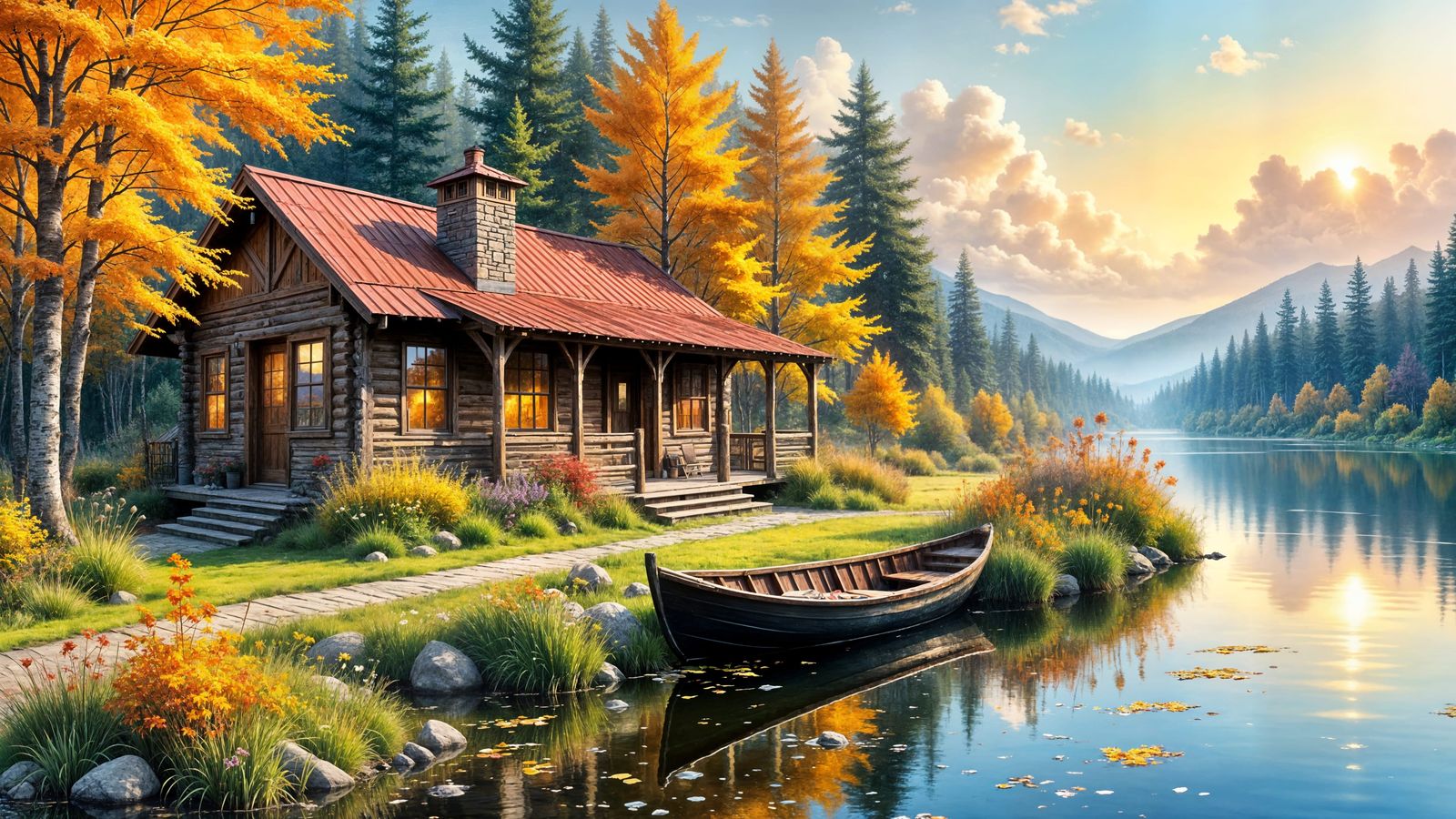 Cozy Cabin Retreat Beside Calm Lake as Impasto Painting