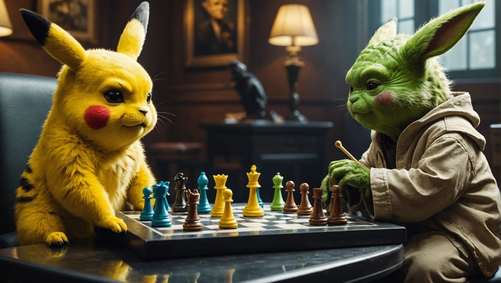 Pikachu Engages in Intense Chess Match with Yoda in Hyperrea...