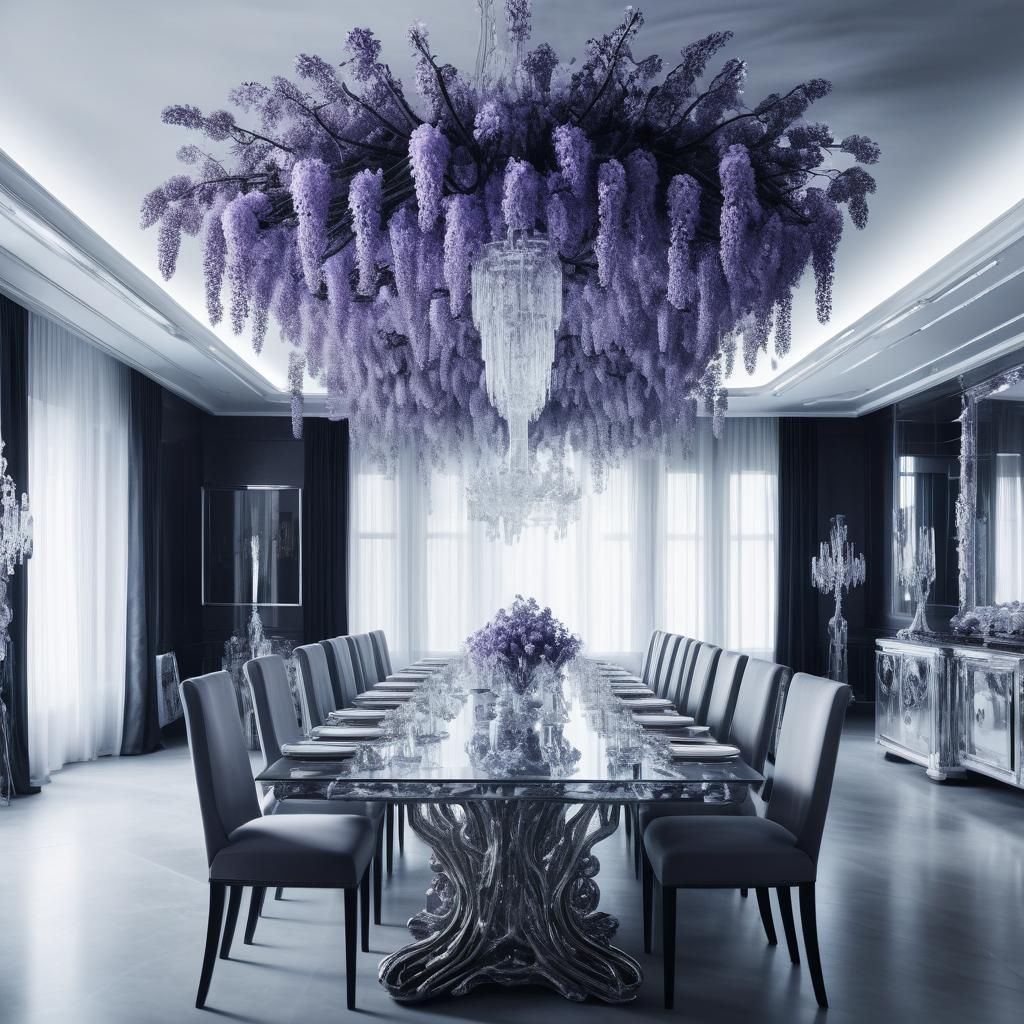 Futuristic Dining Room with Crystal Chandelier in Digital Ar...