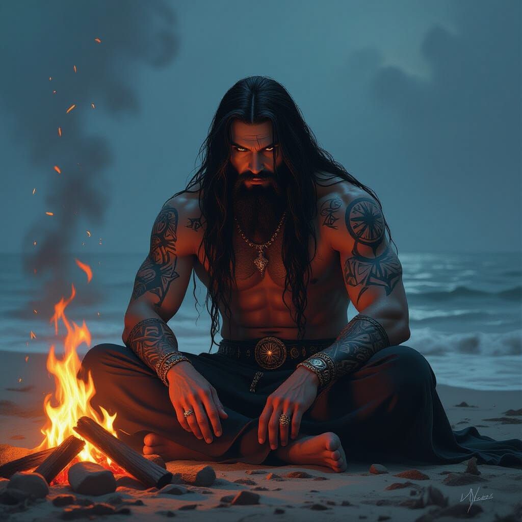 Dark Sorcerer Gazing into Flames: Dark Fantasy Concept Art