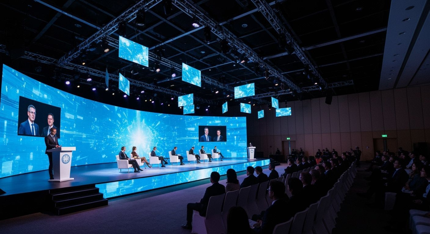 Futuristic Economic Forum Stage in Photorealistic Style