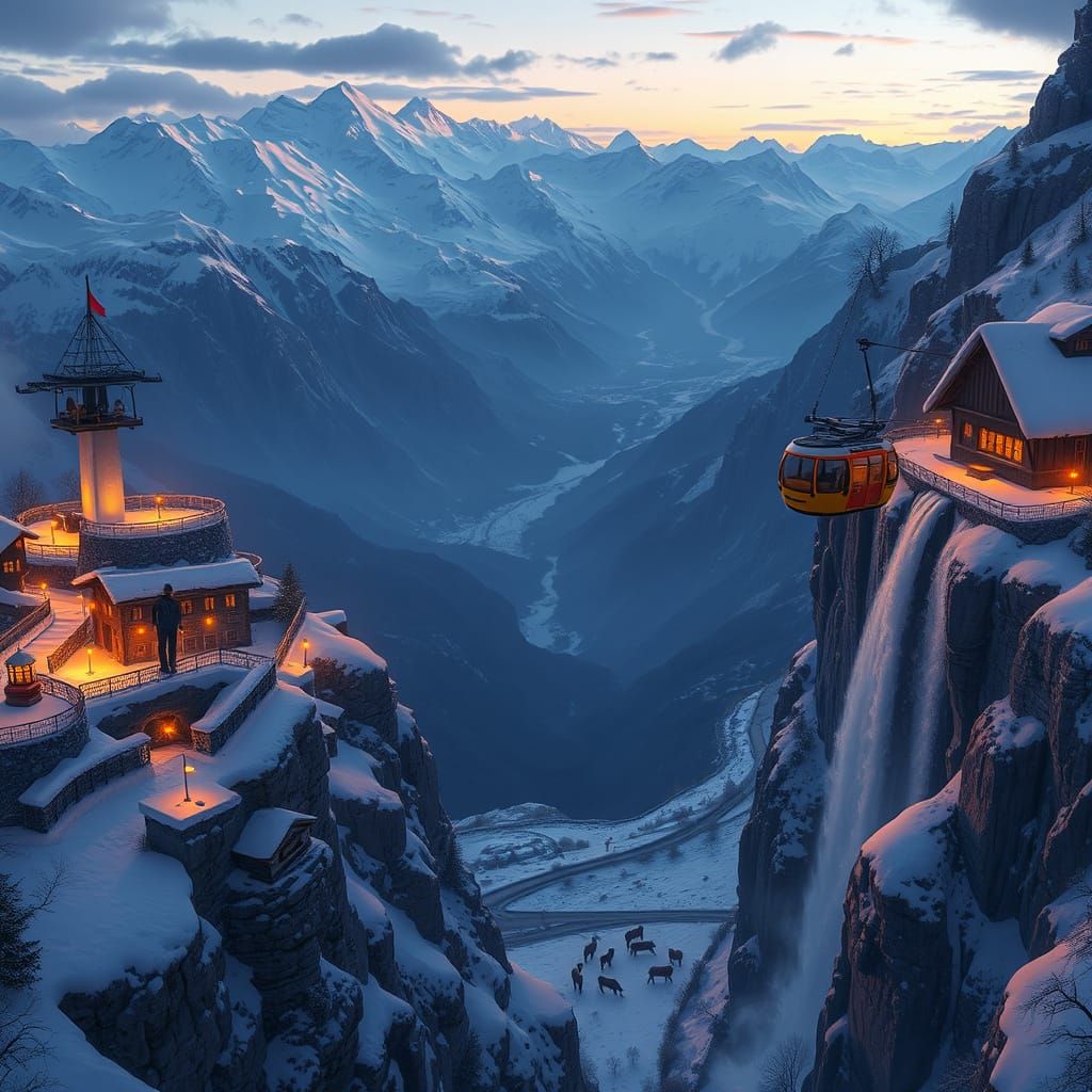 Snowy Alpine Village at Night with Hiker and Cows