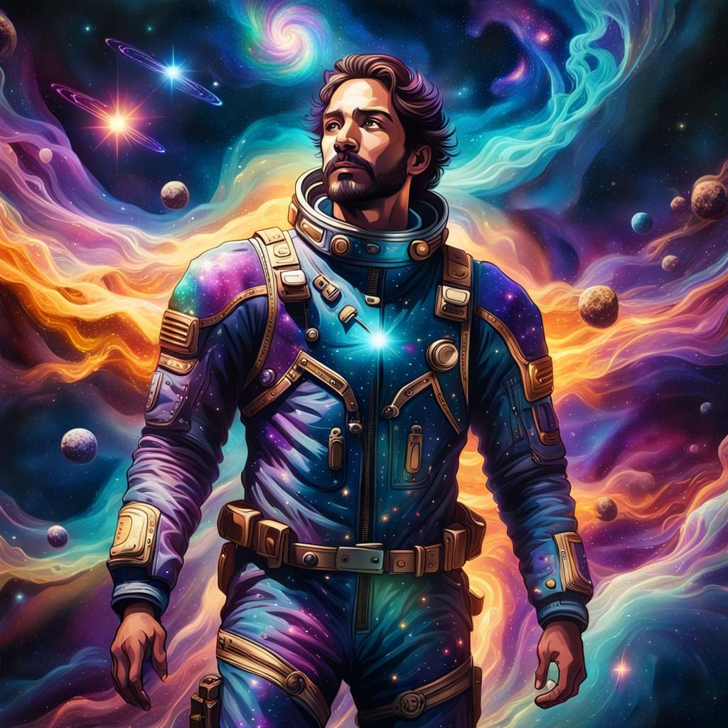 Man in Galaxy Amidst Stars and Nebulae