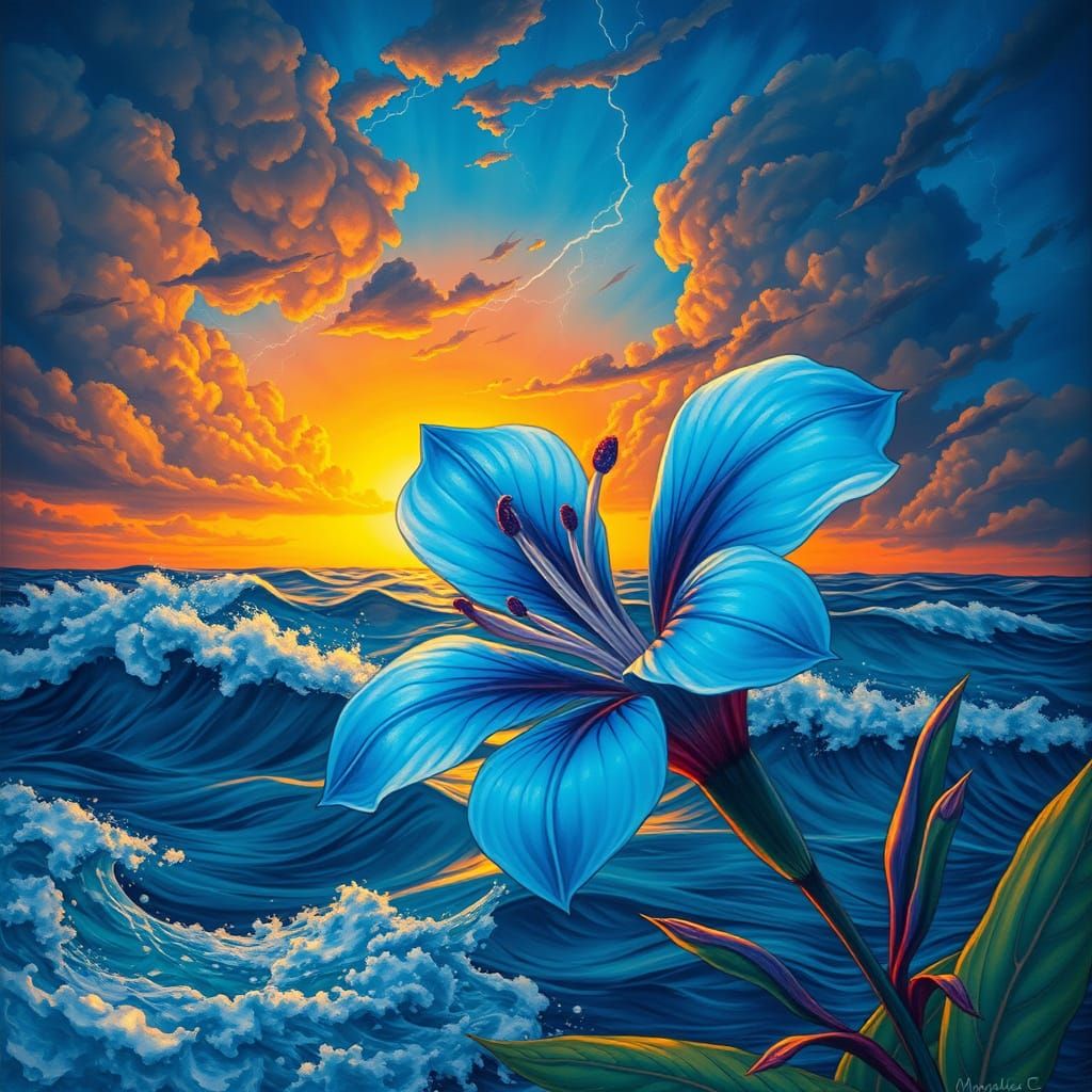 Exotic Blue Flower at Sunset in Fantasy Style