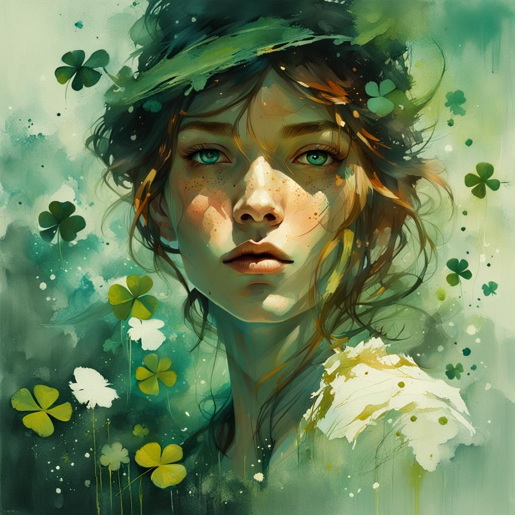 Freckled Woman with Clover in Digital Airbrush Style
