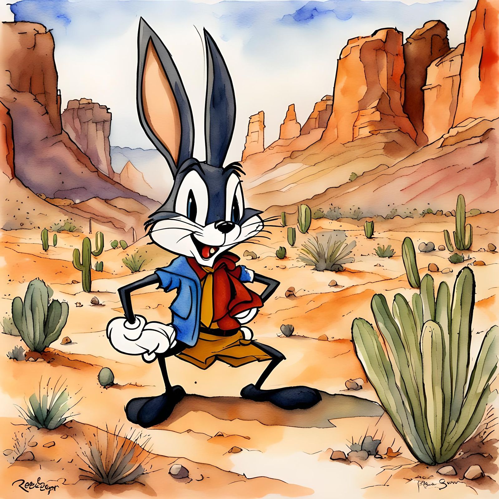 Looney Tunes Desert Scene in Watercolor Style