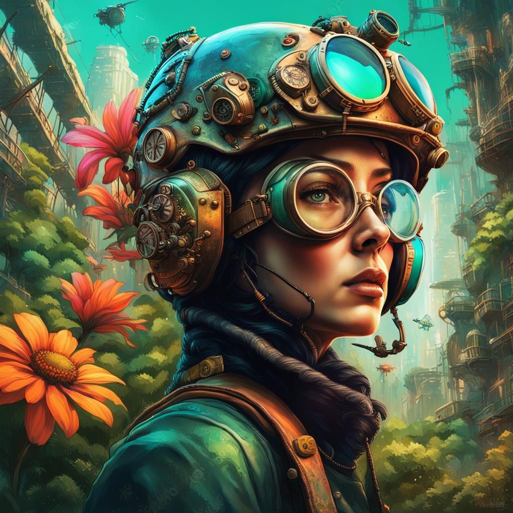 Steampunk Woman in Neon Jungle, Splash Art Style