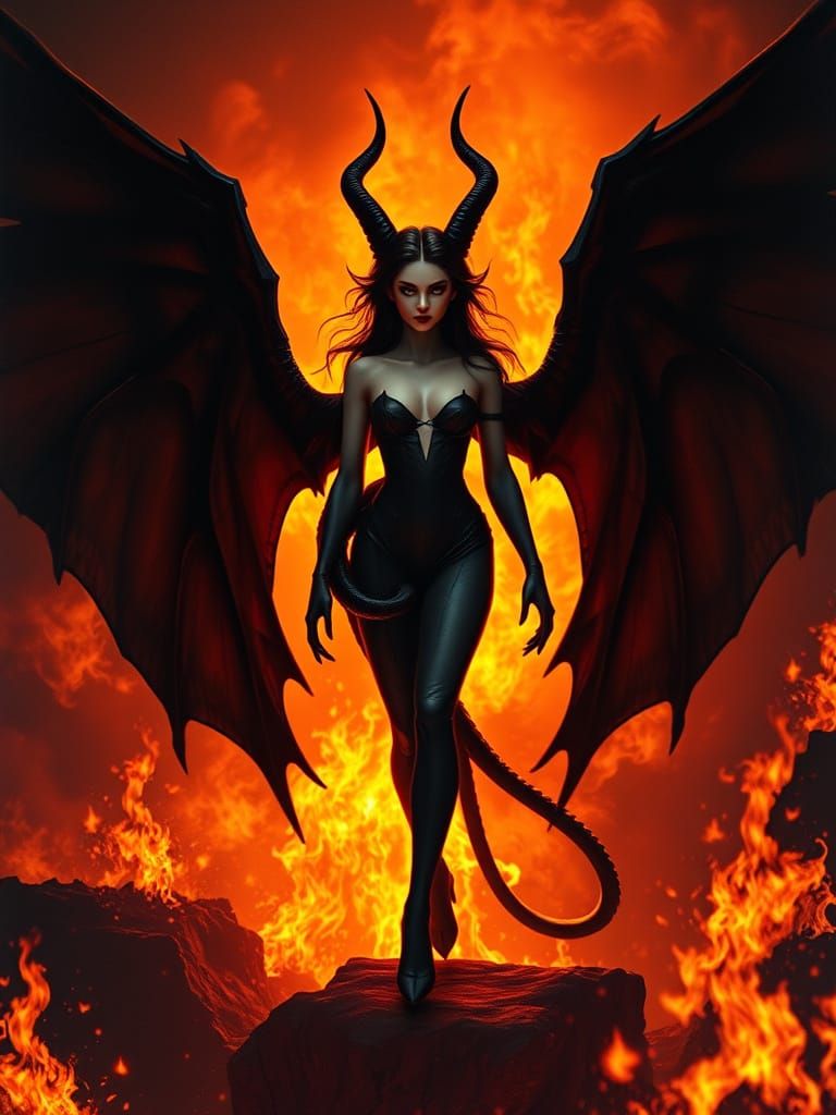 Gothic Female Demon Walks Serenely Amidst Blazing Inferno