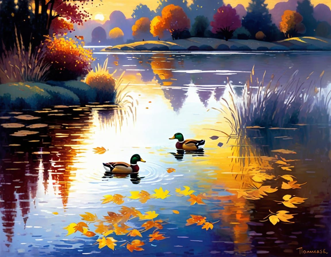 Ducks on Golden Pond at Dusk Impressionist Painting
