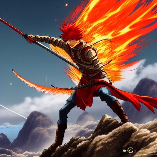 Redhead Warrior Aims Flaming Bow in Anime Style