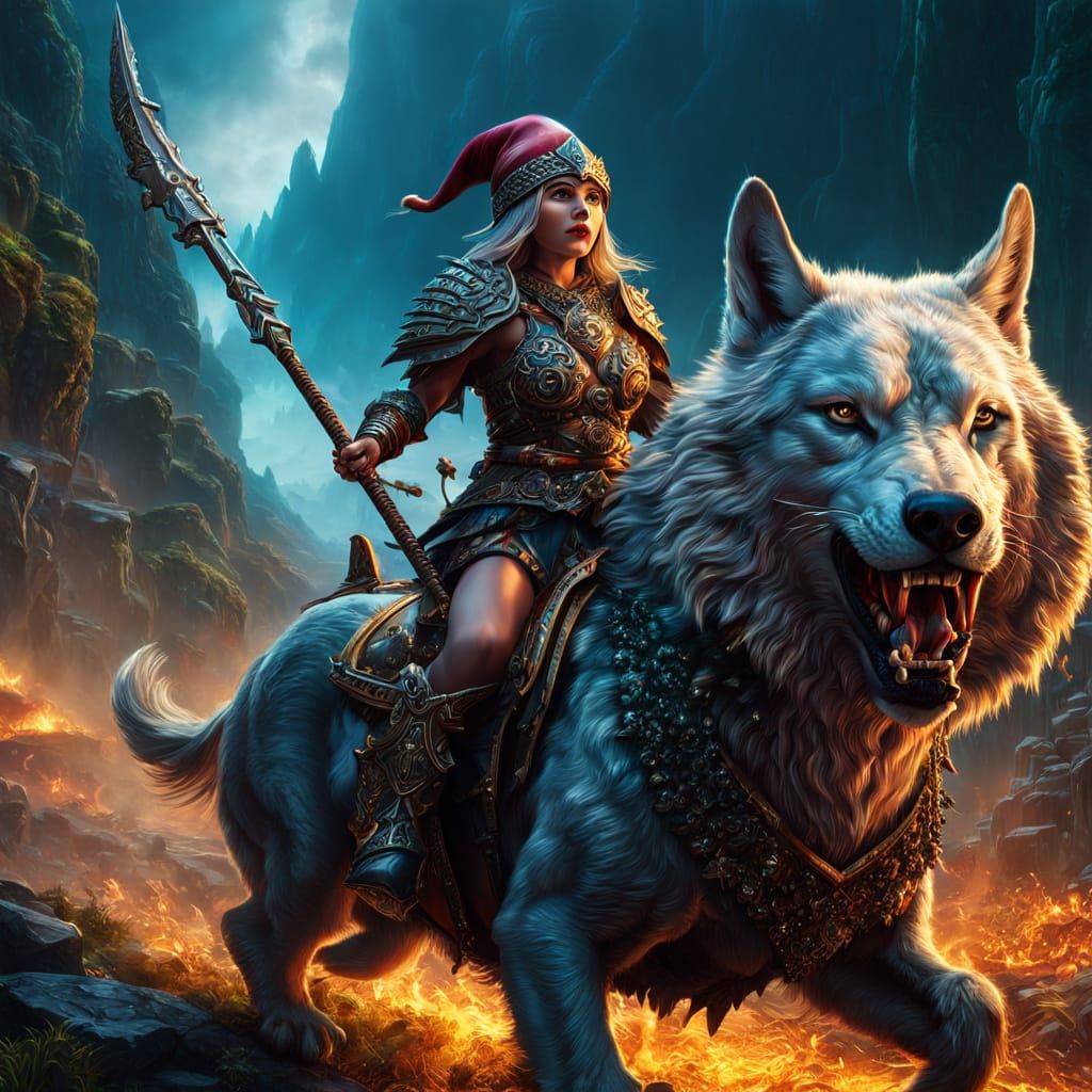 Epic Gnome Warrior Rides a Fanged Wolf in Hyperrealistic Dig...