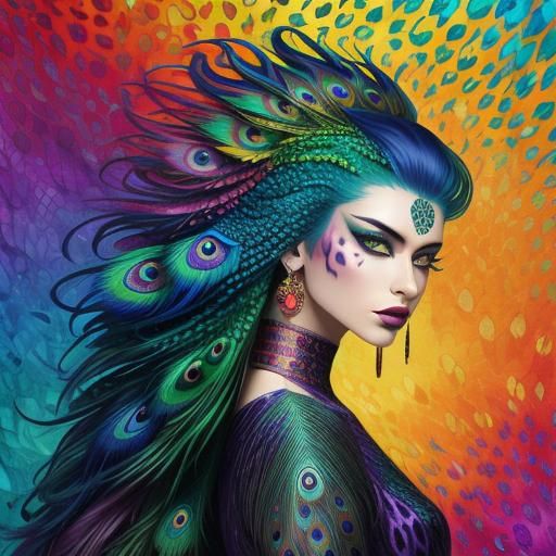 Rainbow Dragon Woman: Abstract Art with Peacock Hair