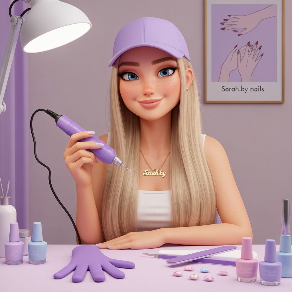 Nail Artist Poses with Electric Drill in Pastel Studio
