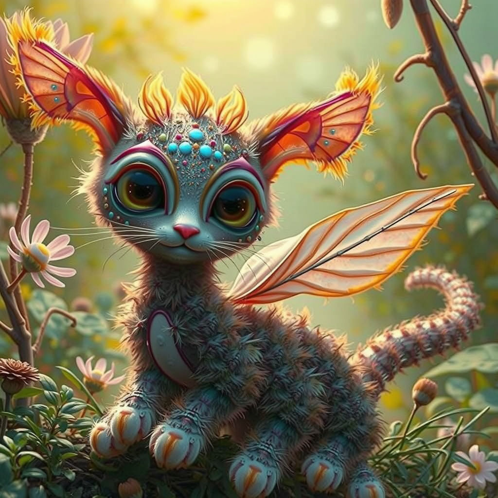 Surrealistic Botanical Fantasy of a Fuzzy Cat-Caterpillar Hy...