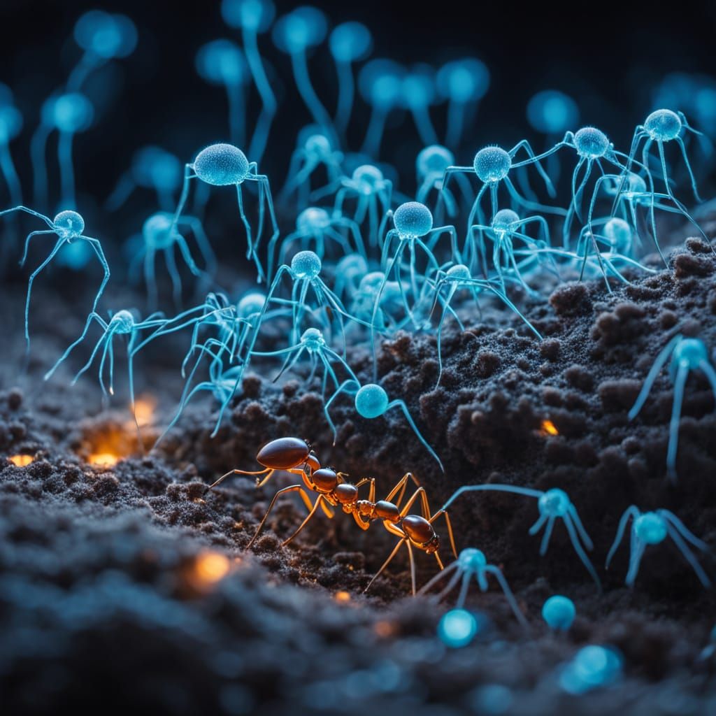Bioluminescent Ant Colony in Glowing Neuron Network