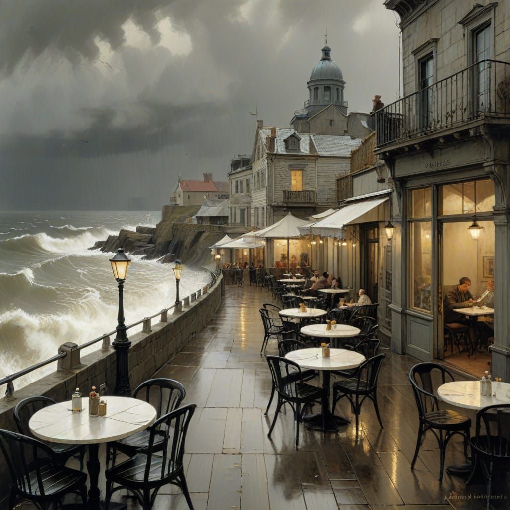 Seaside Street Cafe Under Tempestuous Rainy Skies