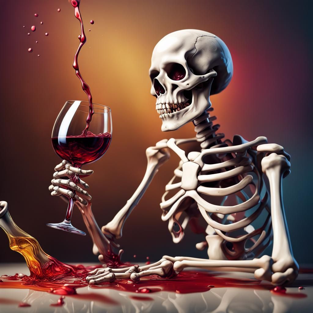 Hyperrealistic Skeleton Drinks Wine in Splash Art