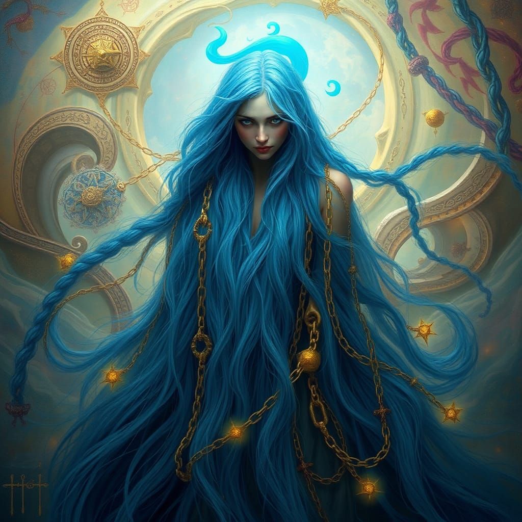 Mystical Figure with Flowing Hair in Surrealist Style