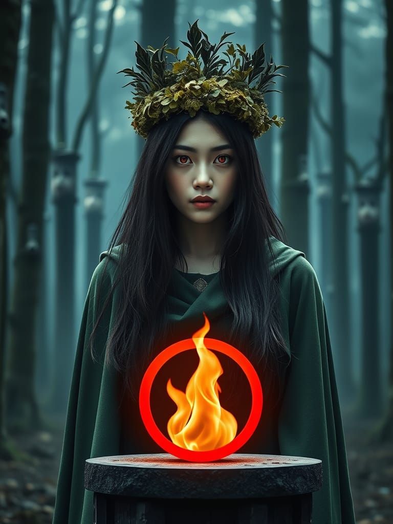 Eerie Forest Guardian with Fiery Symbol